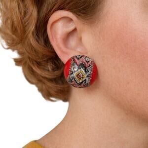 Vintage 60s Tomato Red Clip On Earrings Silver Glitter Mod Mid Century